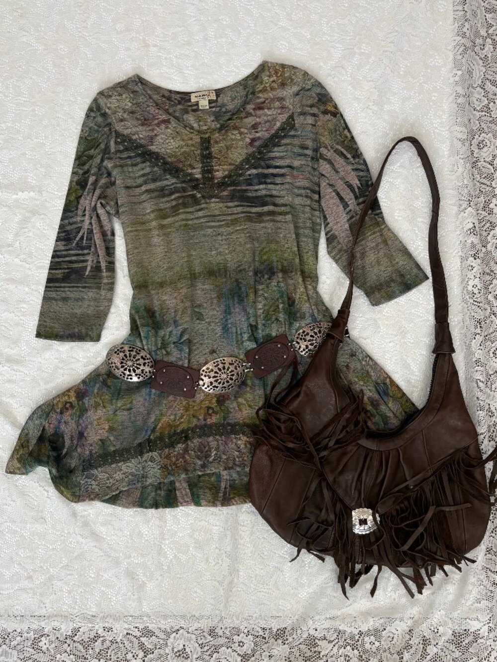 Y2K Western Fairy Boho Green Print V Neck Top with Lace Detail One World Size S